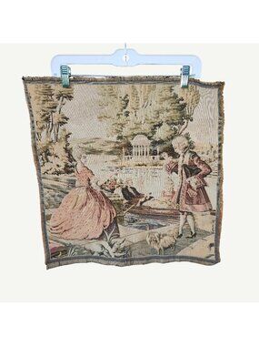 Vintage French Tapestry Wall Hanging With Romantic Pastoral Scene Square 20"